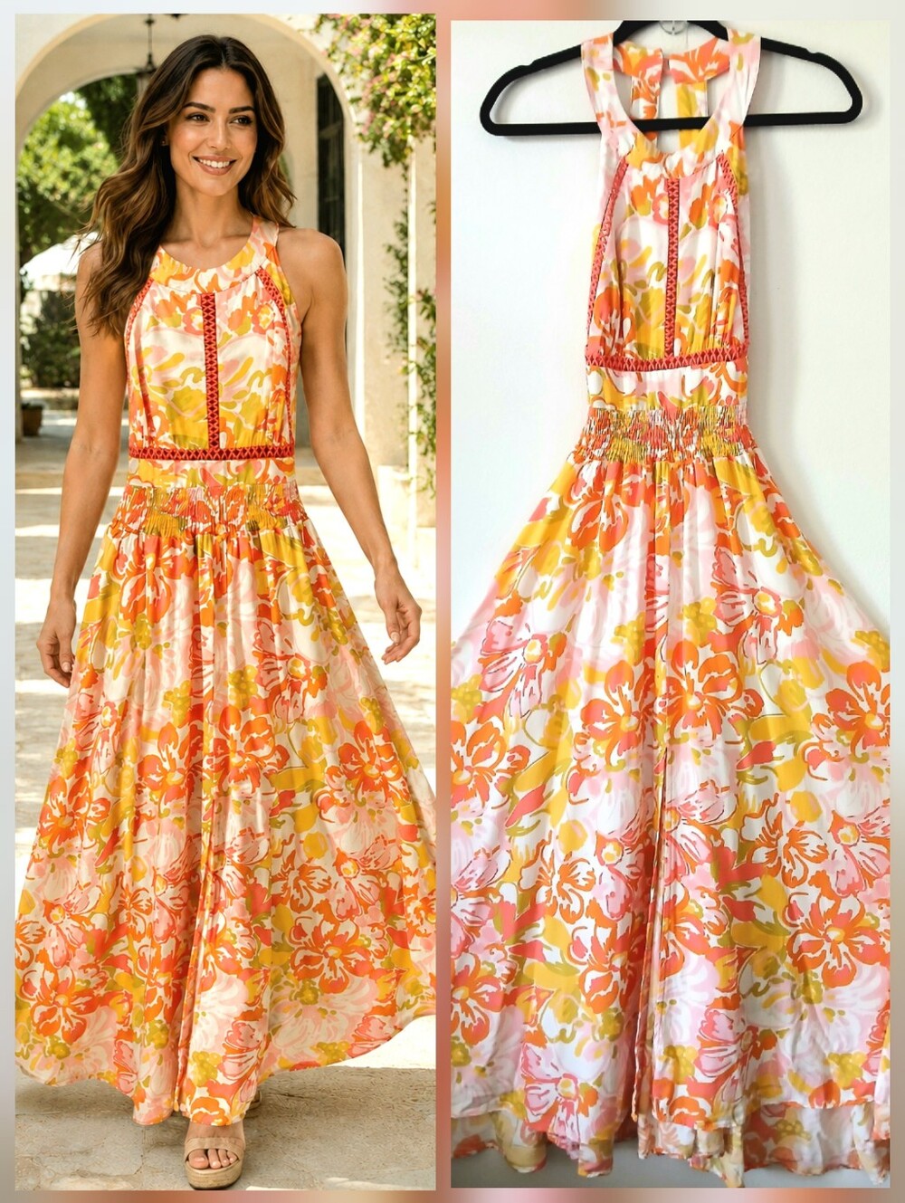 ABEL THE LABEL Floral Maxi Halter SUMMER Open Back Resort Dress Women's Size XS